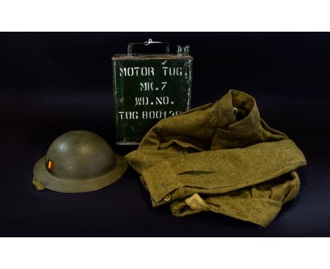 Military Interest, Jerry Can Marked Motor Tug MK.7, Belgium Steel Helmet And A Battledress Blouse date of manufacture 1954 Si