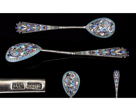 A Superb Russian Silver And Enamel/Cloisonne Spoon. Early 20th Century Period, Work Master DN. Town Moscow. Silver mark 84 si