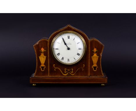 Antique Inlaid Mantle Clock Small mahogany mantle clock with ribbon inlay and neoclassical urn design to sides, White ceramic