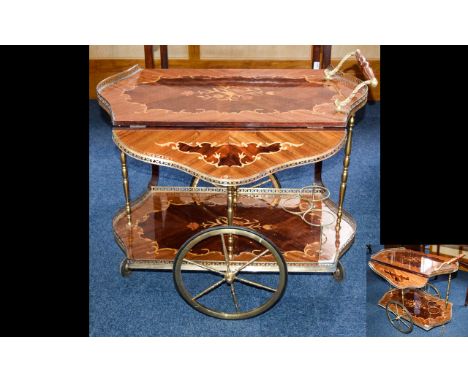 Vintage Retro Cocktail Cart Inlaid wood two tier drinks trolley with extending, hinged top section and brass tone reticulated