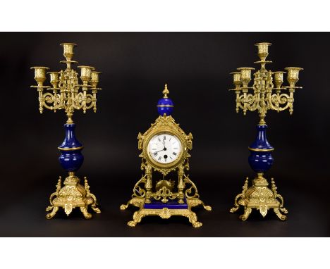 Louis XIIII th Style Antique Period - Impressive Gilt Brass and Blue Enamel Clock Garniture Set. The Ornate and Stylish Clock