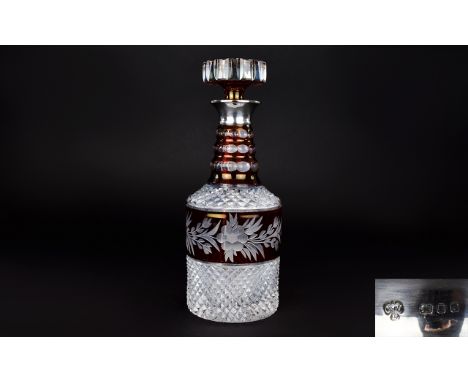 Elizabeth II Period Superb - Clear / Coloured Deep Cut Crystal Decanter with Silver Collar and Good Shape. Hallmark London 19