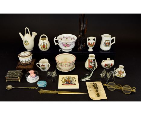 Mixed Collection of Goss Crested Ware and Ephemera, over 20 items in total. To include antique pince nez, ceramic Scarab beet