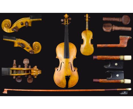 German - Late 19th Century 3/4 Violin - A/F. Comes with Two ( 2 ) Bridges Marked Dresden.  Violin Bow - A/F. Split Back Lengt