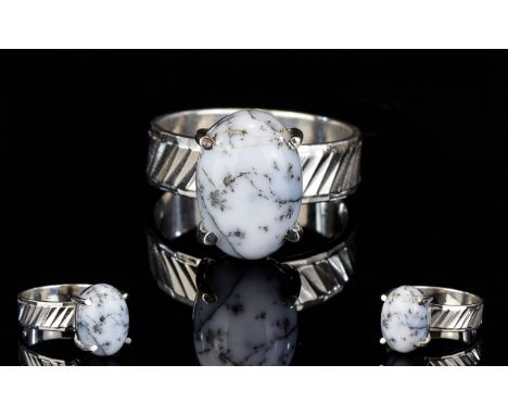 Dendritic Opal Solitaire Ring, a 6ct cabochon cut of an unusual opal, the white, black and grey dendritic opal, an attractive