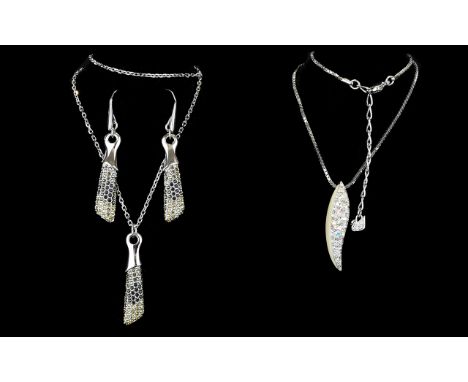 Swarovski Necklace And Earring Suite Contemporary silver tone necklace with long crystal set pendant in black and jonquil Aus