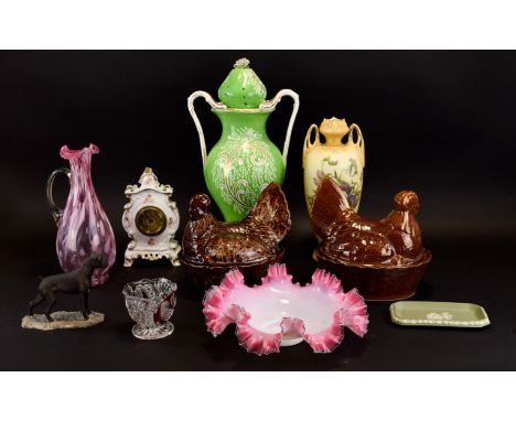 A Collection of Assorted Pottery and Glass including brown pottery chicken egg holders, resin figure of a dog, porcelain mant
