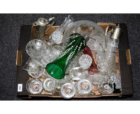 A Large Collection Of Vintage Glassware Over thirty items to include cut glass decanter, cranberry shot glasses, green hand b