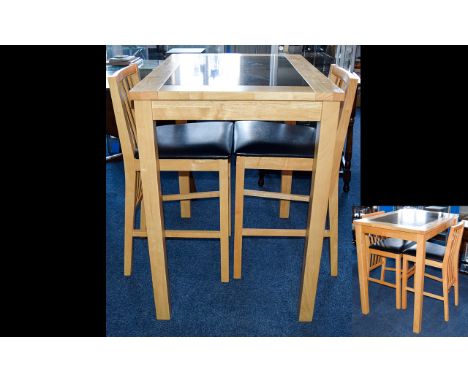 Contemporary Pine and Granite Breakfast Bar and Accompanying Ladder Back Chairs. The chairs finished with faux leather seat p