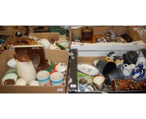 Four boxes of mixed china, metalware and sundries to include; Wade barrels, Price Kensington Toby jug, silver plated teapot e