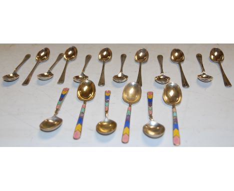 A set of six early 20th century silver and enamel coffee spoons together with various other silver tea and coffee spoons