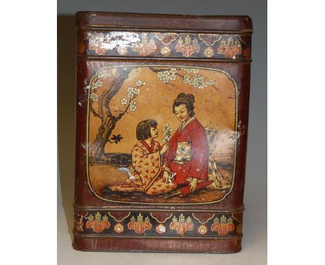 An early 20th century lithograph printed tin tea canister 