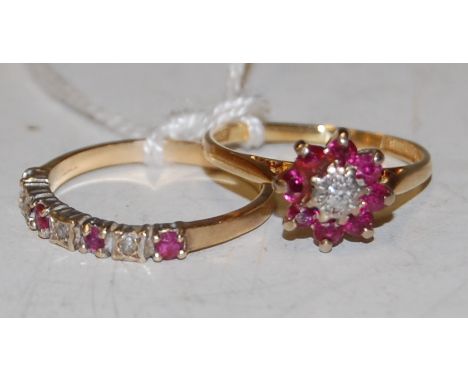 A ladies 18ct gold diamond tourmaline set daisy ring, together with a 9ct half eternity ring 3.8g (2)