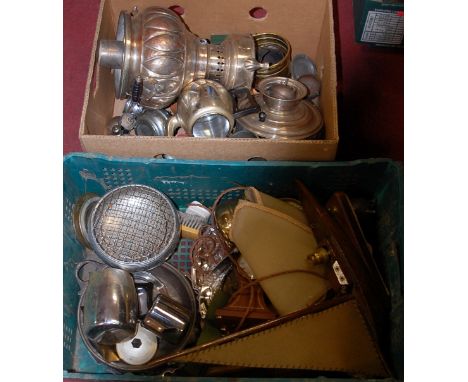 Two boxes of miscellaneous items to include mahogany balloon shaped mantel clock, brass roasting jack, etc