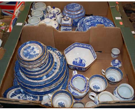 Two boxes of blue and white china to include; Real Old Willow, Booth's, Ringtons Ltd, Copeland Spode etc 
