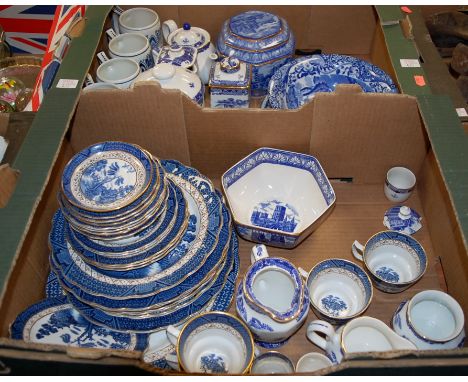 Two boxes of blue and white china to include; Real Old Willow, Booth's, Ringtons Ltd, Copeland Spode etc 