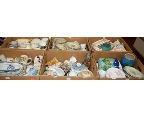 Six boxes of mixed chinaware to include; transfer printed table china, Lladro figures, coronation wares, Wade port barrel etc