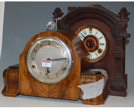 A late 19th century American Ansonia walnut cased mantel clock, together with an Art Deco walnut cased mantel clock (2) 