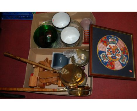 Two boxes of miscellaneous to include silver plated gallery tray, two brass warming pans, set of Salter scales and weights, e