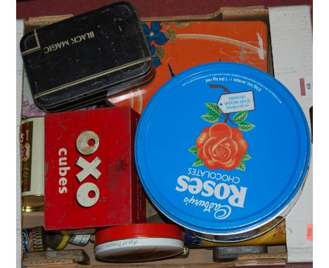 A box of assorted advertising tins to include Oxo, Black Magic, etc