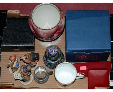A box of miscellaneous items to include; three Hummel figures, miniature pewter tankard, commemorative mug etc 