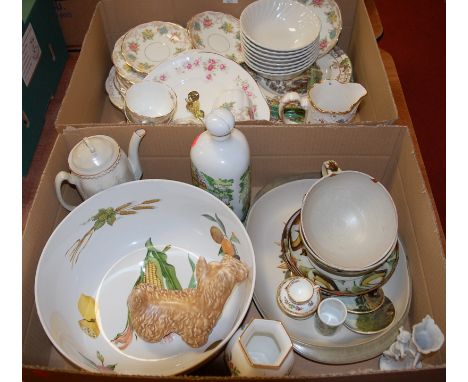 Two boxes of mixed chinawares to include; large Royal Worcester Evesham bowl, Sylvac dog, transfer printed tea china etc 