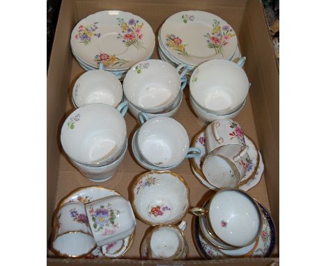 A box of assorted teawares to include part Shelley Wildflowers tea service, Noritake and Royal Crown Derby