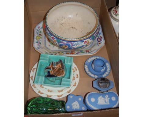 Mixed lot to include Wedgwood blue jasper ware trinket jars and covers, Doulton Bunnikins plates, Poole pottery jardiniere et