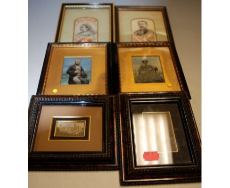 Mixed lot of framed miniatures to include; commemorative Victoria silkwork picture, photographic portrait prints etc 
