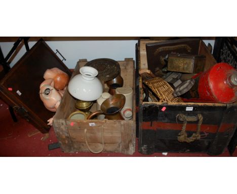 Two wooden crates and contents to include; brass pedestal oil lamp, copper jug, fire extinguisher, barometer etc 