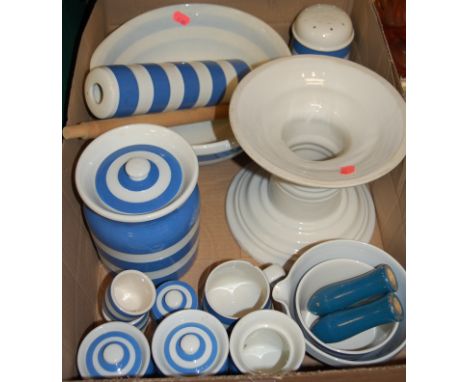 A box of assorted Cornishware mainly TG Green with green back stamp to include rolling pin, jars and covers, etc