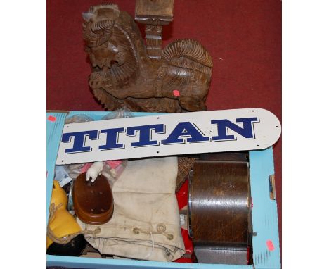 A mixed lot to include carved wooden figure, oak cased mantel clock, various hand tools and an enamel sign etc