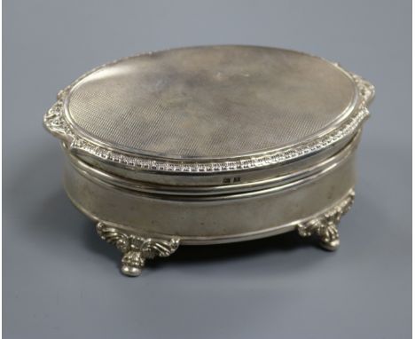 A modern engine turned silver oval trinket box, Mappin &amp; Webb, Birmingham, 1962, 12cm.