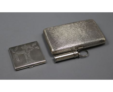 A German Kuppenheim textured 800 white metal cigarette case, a silver compact and a Cartier cylindrical pill box.