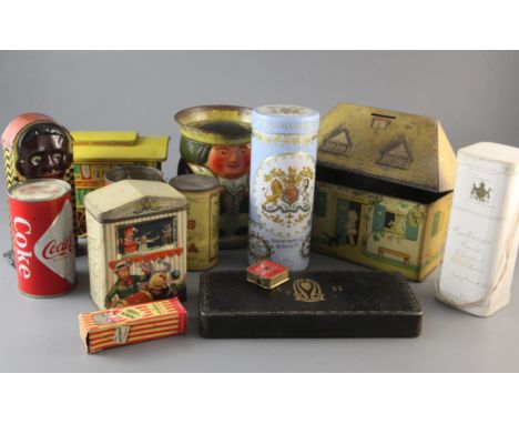 A group of 1920s and later novelty tins, including Lyons Tea money bank, Huntley &amp; Palmer toby jug and W &amp; R Jacob &a