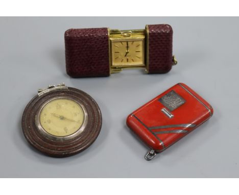 An Art Deco Rotary silver and enamel travelling watch, one other travelling watch and a pocket watch.