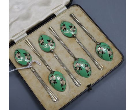 A 1930's cased set of six silver and enamel teaspoons, Turner &amp; Simpson, Birmingham, 1932.