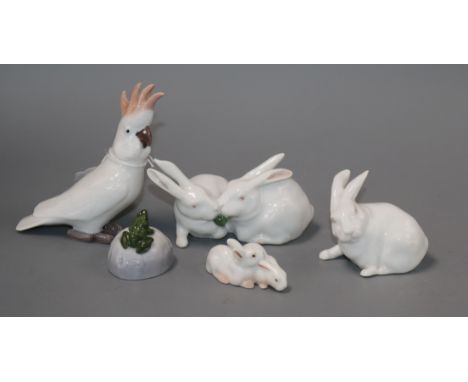 Three Royal Copenhagen rabbits, a B &amp; G rabbit, a Royal Copenhagen frog and one Royal Copenhagen cockatoo