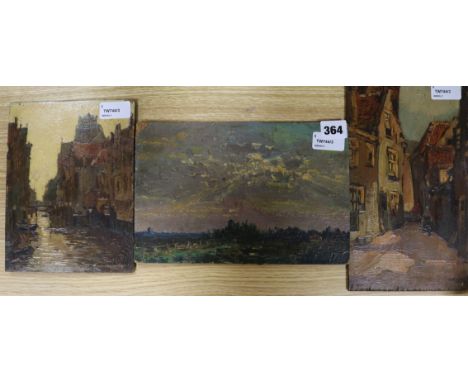 Three small Dutch oils on panel, two indistinctly signed, including a street scene and a canal scene, 26 x 15cm and 21 x 16cm