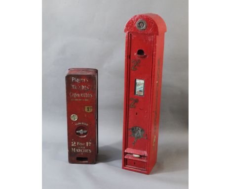 Two enamel cigarette vending machines, early 20th century, for Players Weights and Wild Woodbine cigarettes