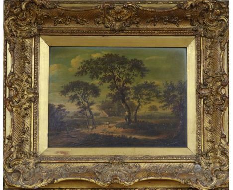 English School (19th century), oil on panel, landscape with figures and cottage and companion piece, a pair. ornate gilt fram