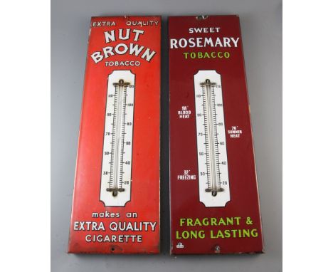 Two enamel tobacco advertising signs with thermometers; Nut Brown and Sweet Rosemary