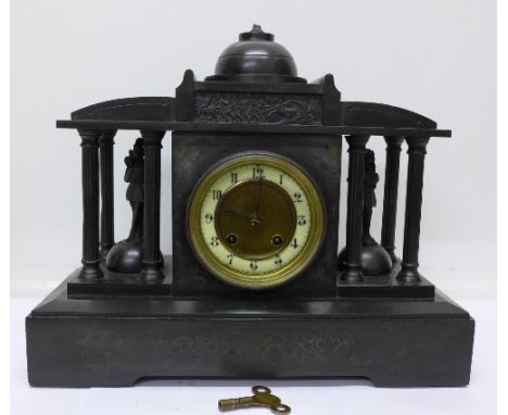 A Belgian slate mantel clock, finial a/f