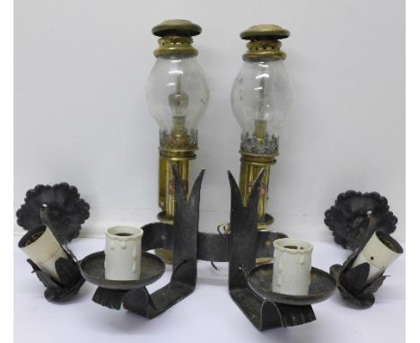 Two brass carriage lights and a single and double wall light