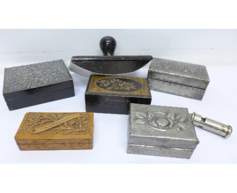 Five early 20th Century stamp boxes, one blotter and a Victorian Post Office whistle