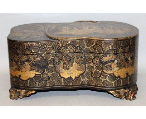 A GOOD UNUSUAL 19TH CENTURY CHINESE LACQUERED WOOD TEA CADDY, containing two engraved pewter containers with covers and liner