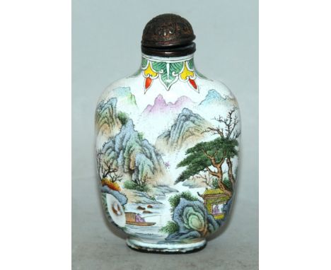A CHINESE CANTON ENAMEL SNUFF BOTTLE & METAL STOPPER, the sides decorated with a continuous mountainous river landscape scene