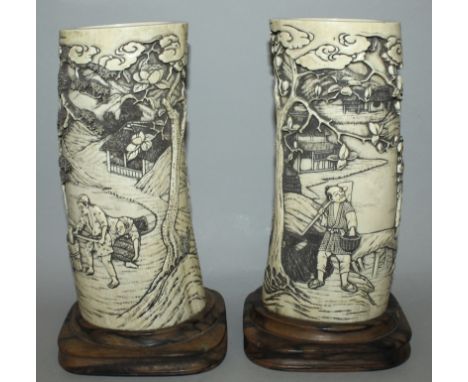 A PAIR OF GOOD QUALITY JAPANESE MEIJI PERIOD IVORY TUSK VASES, together with a fitted wood stands, the ivory itself weighing 