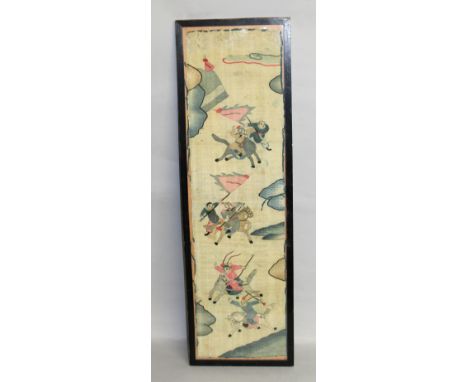 A 19TH CENTURY FRAMED CHINESE TALL KESI PANEL, depicting mounted warriors and banner bearing attendants. the frame 38.9in x 1