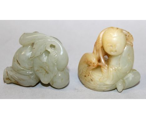 TWO 19TH/20TH CENTURY CHINESE JADE CARVINGS, each of a boy, one boy with a gourd, the other in the company of a bird, 1.5in &